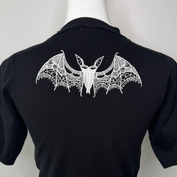 Royal Monk Sweater Size Small Black Tie Neck Bat Graphic Goth Gothic Alt Indie - Picture 7 of 11